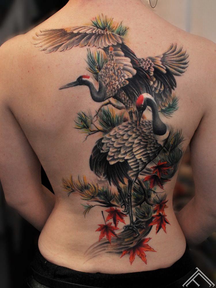 crane birds_maple_leaf_pine tree_maris pavlo_tattoo_frequency_tattoofrequency_tattoostudio_rigatattoosaloon