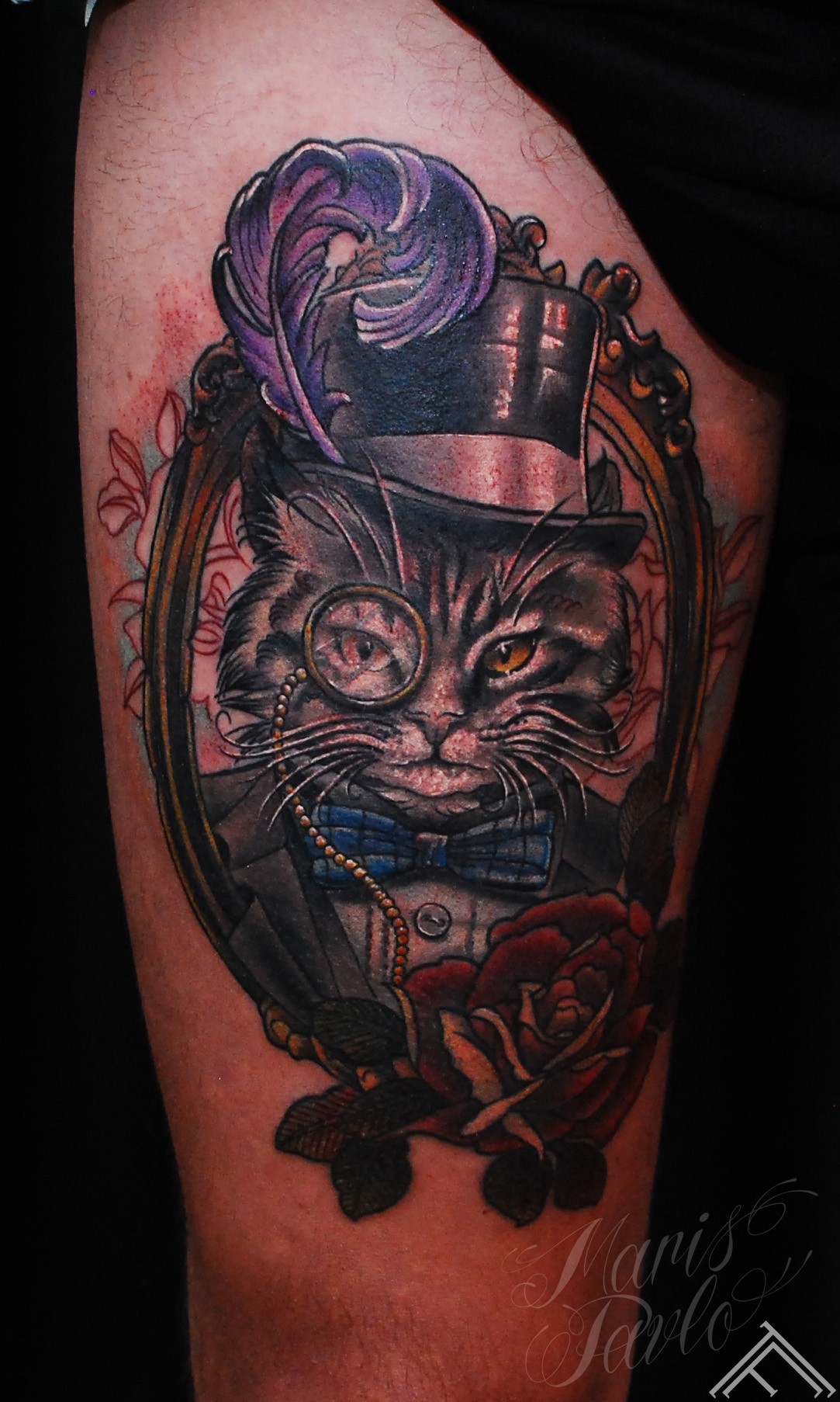 Tattoo_newtradicional_cat_monocle_feather_gentleman_marispavlo_tattoofrequency