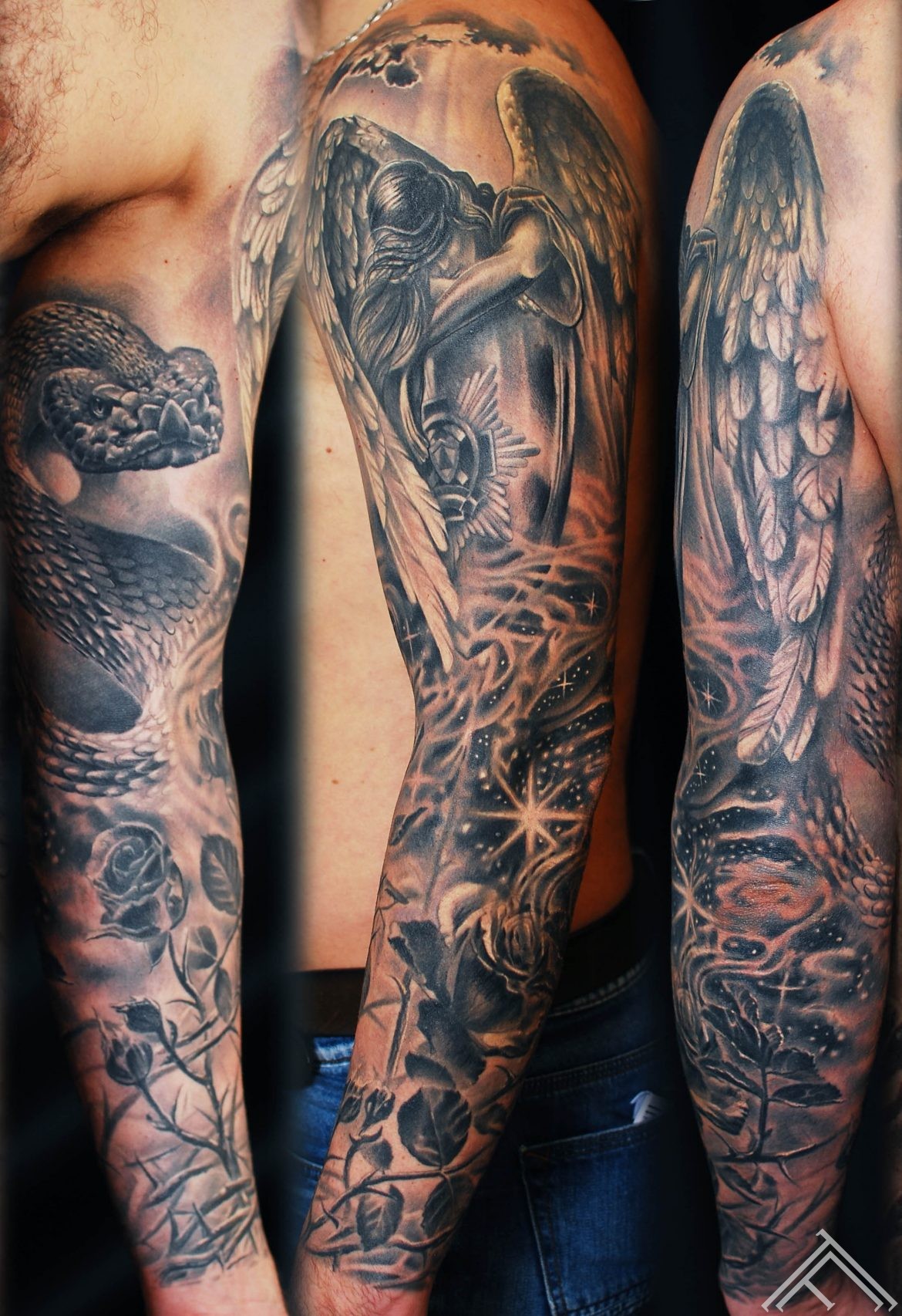 angel_snake_rose_stars_smoke_dust_tattoo_sleeve_tattoofrequency_riga
